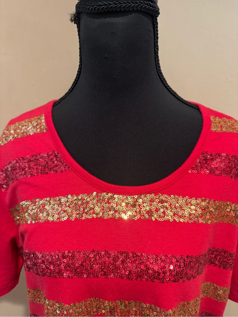 49er Bright Red Round Neck Tee with Gold and Red Sequin Horizontal Stripes - Picture 2 of 7